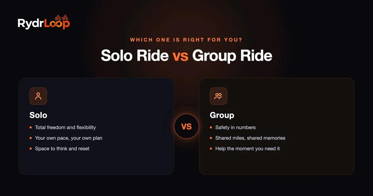 A side-by-side comparison of a solo ride and a group ride, weighing freedom against safety and shared experience