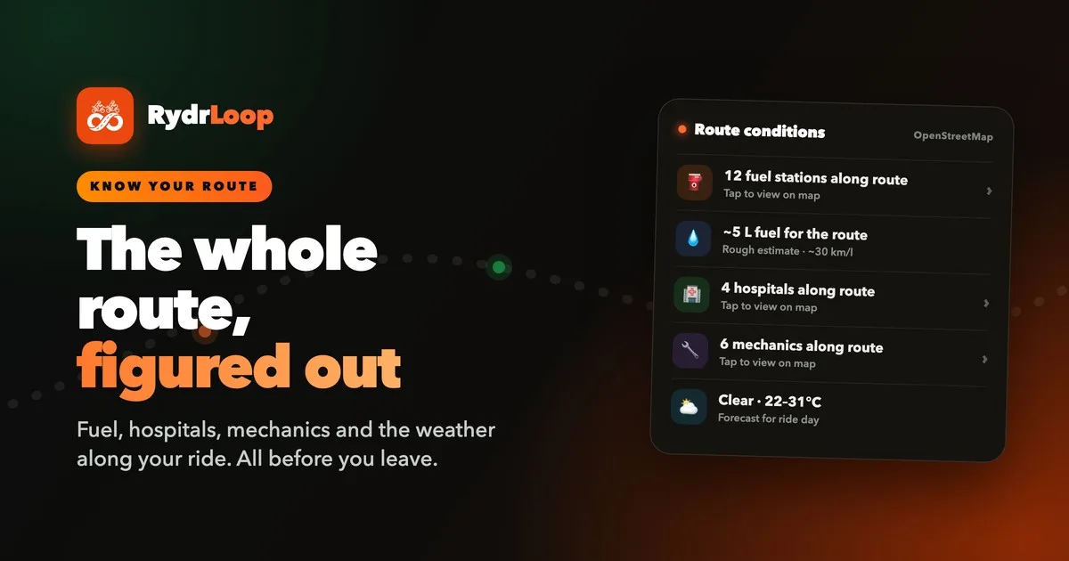 RydrLoop route conditions showing fuel, hospitals and weather