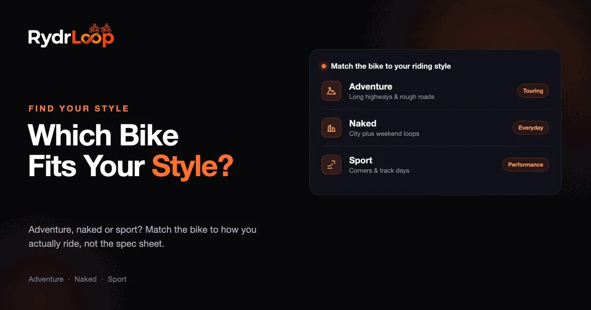 A chart matching adventure, naked and sport motorcycles to different riding styles, from the RydrLoop riding style guide