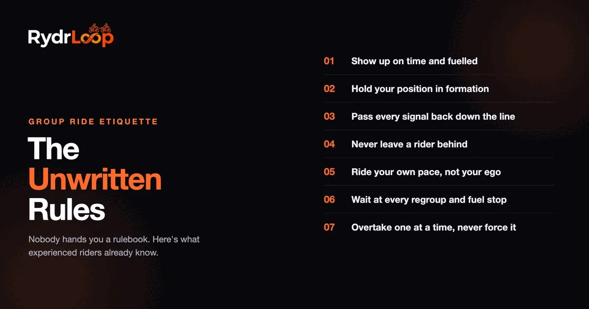 A numbered list of the unwritten rules of group rides, from showing up fuelled to never leaving a rider behind