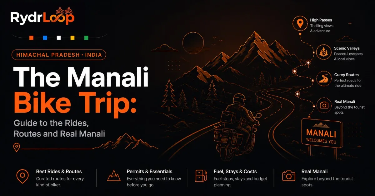 Manali bike trip guide — a motorcycle on a valley road below pine forests and snow-capped Himachal peaks near Manali.
