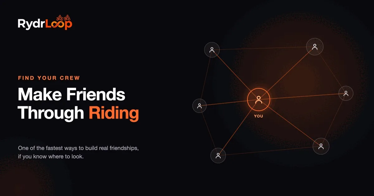 A network of connected riders around a central YOU node, showing how motorcycle riding builds friendships