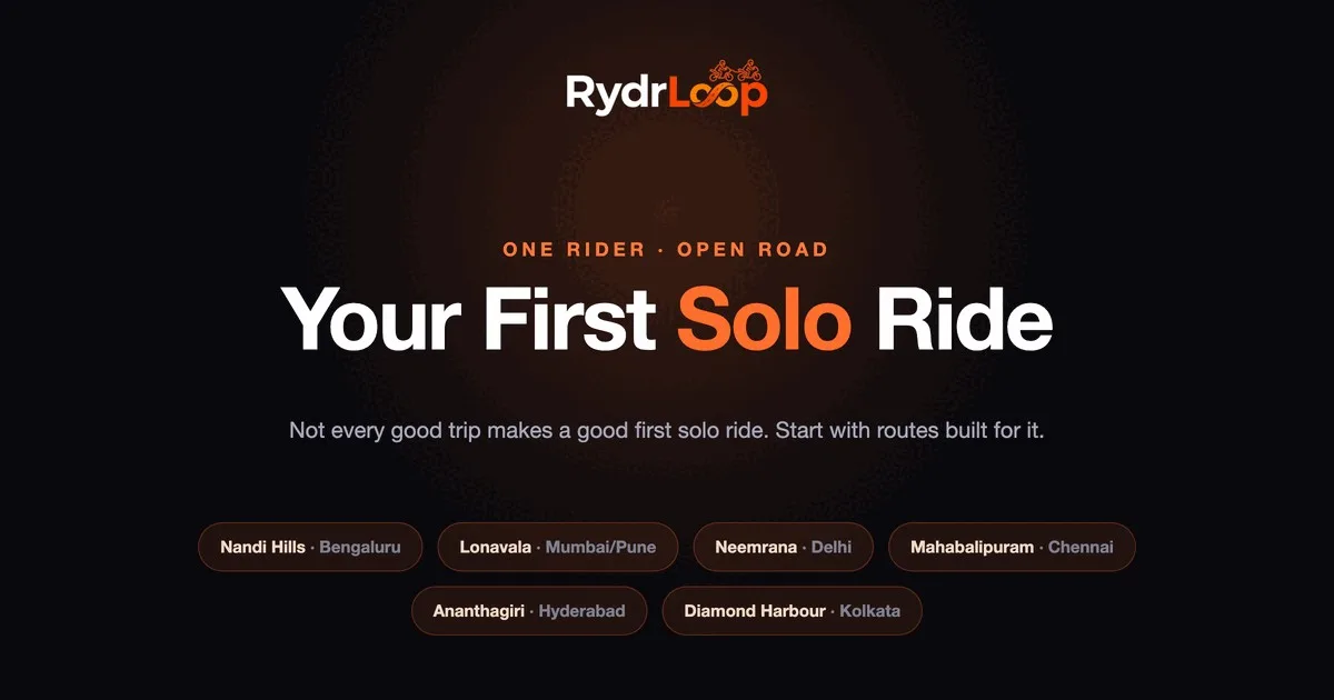 Beginner-friendly routes for a first solo ride across India, listed on the RydrLoop guide cover