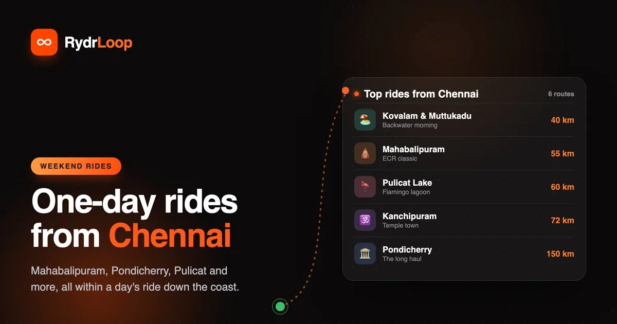 RydrLoop guide to the best bike rides from Chennai, with a coastal route down the ECR past the temple towns and the Bay of Be