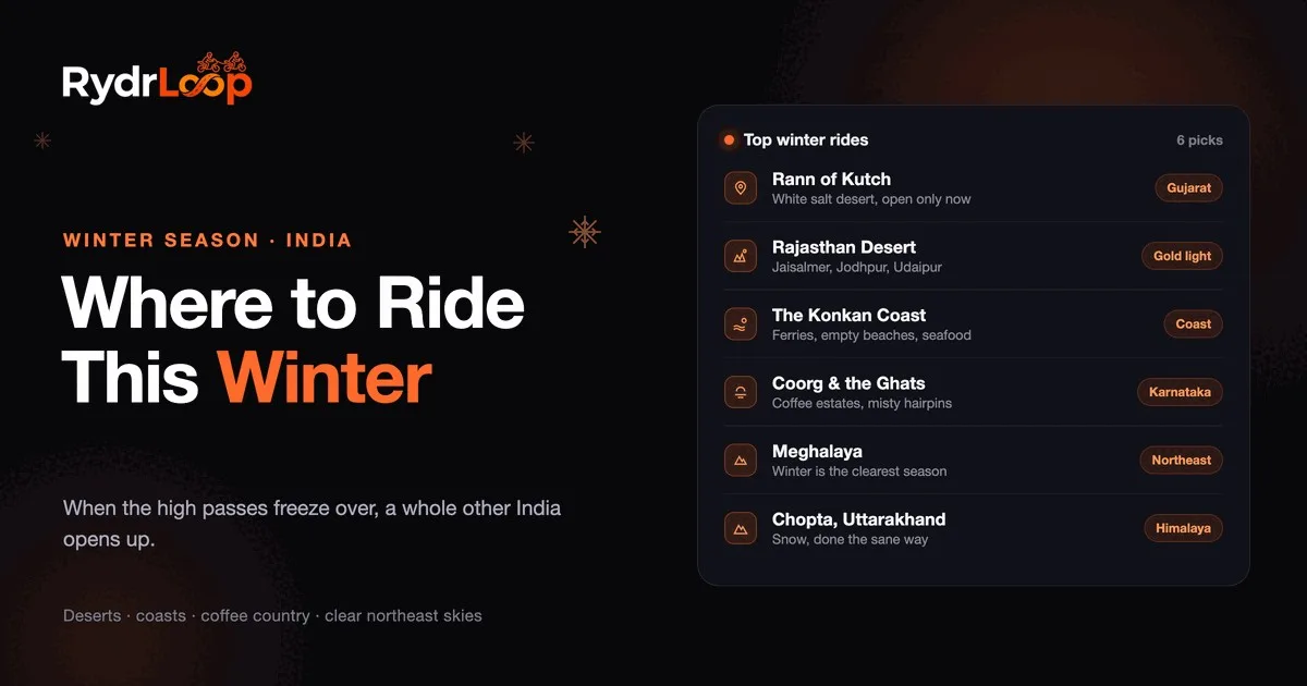 RydrLoop guide to the best winter rides in India, listing Rann of Kutch, Rajasthan, the Konkan coast, Coorg, Meghalaya and Ch